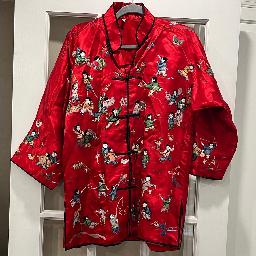 Vibrant Red Embroidered Jacket with Figures vintage